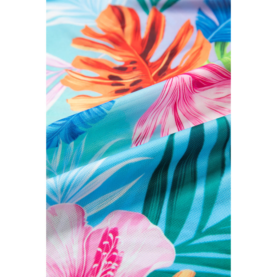 Sky Blue Tropical Print V Neck Semi Sheer Beach Cover Up Dress Swimwear/Beach Cover-ups