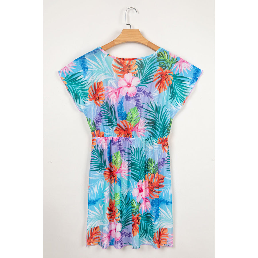 Sky Blue Tropical Print V Neck Semi Sheer Beach Cover Up Dress Swimwear/Beach Cover-ups