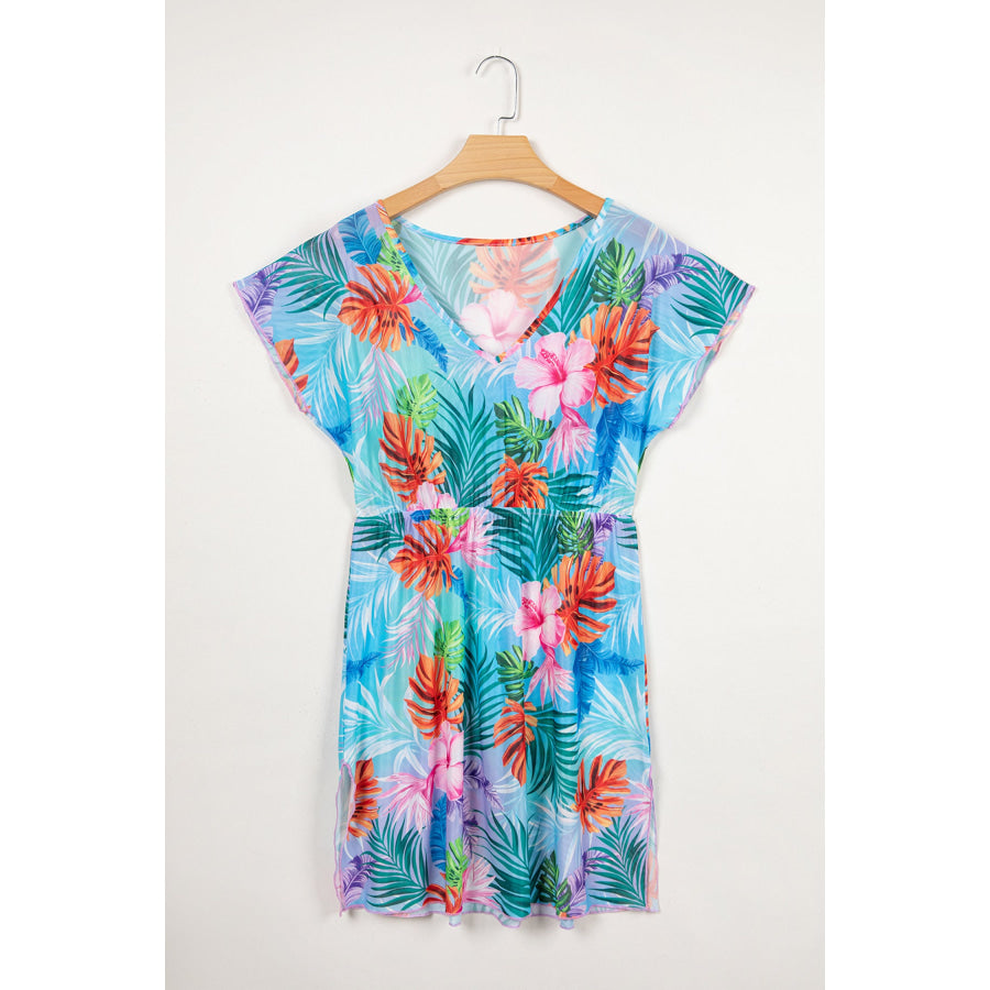 Sky Blue Tropical Print V Neck Semi Sheer Beach Cover Up Dress Swimwear/Beach Cover-ups