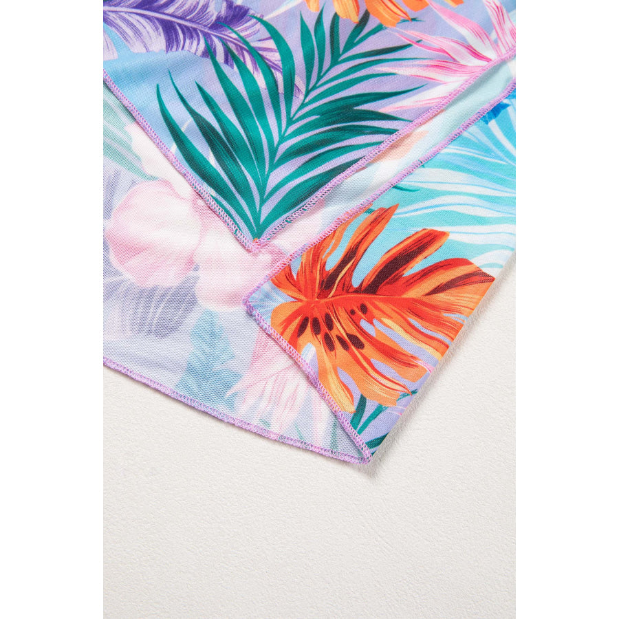 Sky Blue Tropical Print V Neck Semi Sheer Beach Cover Up Dress Swimwear/Beach Cover-ups