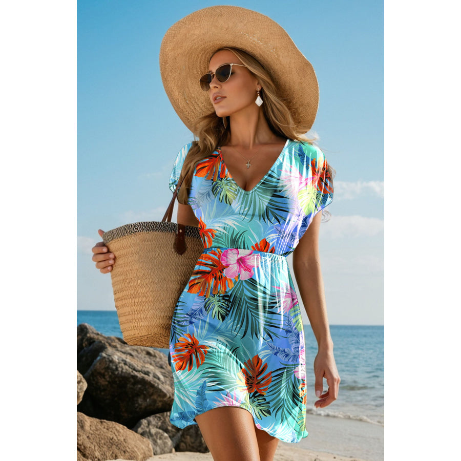 Sky Blue Tropical Print V Neck Semi Sheer Beach Cover Up Dress Swimwear/Beach Cover-ups