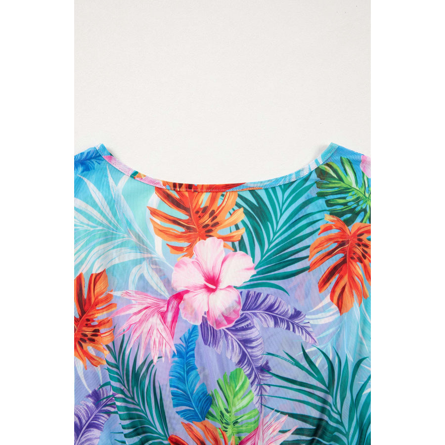 Sky Blue Tropical Print V Neck Semi Sheer Beach Cover Up Dress Swimwear/Beach Cover-ups