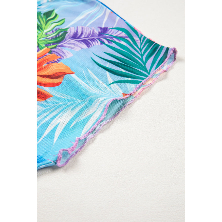 Sky Blue Tropical Print V Neck Semi Sheer Beach Cover Up Dress Swimwear/Beach Cover-ups