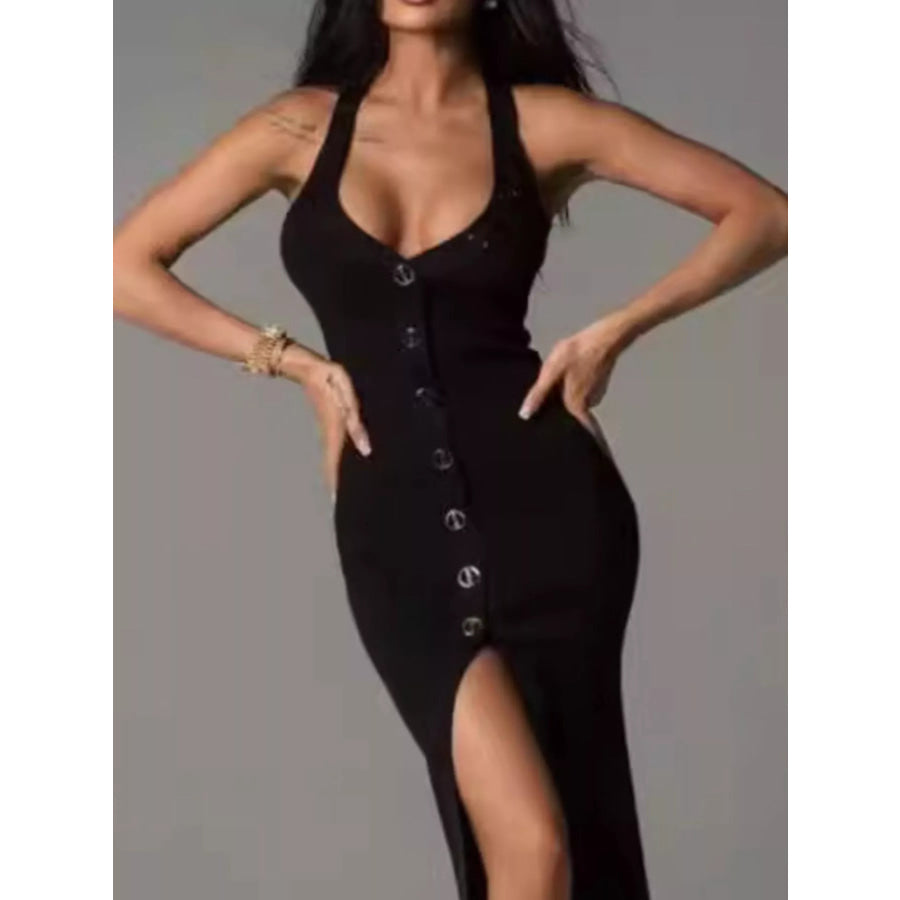 Sleek Button-Front Halter Neck Midi Dress Apparel and Accessories