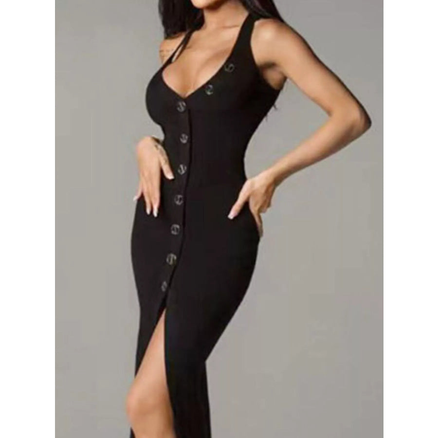 Sleek Button-Front Halter Neck Midi Dress Apparel and Accessories