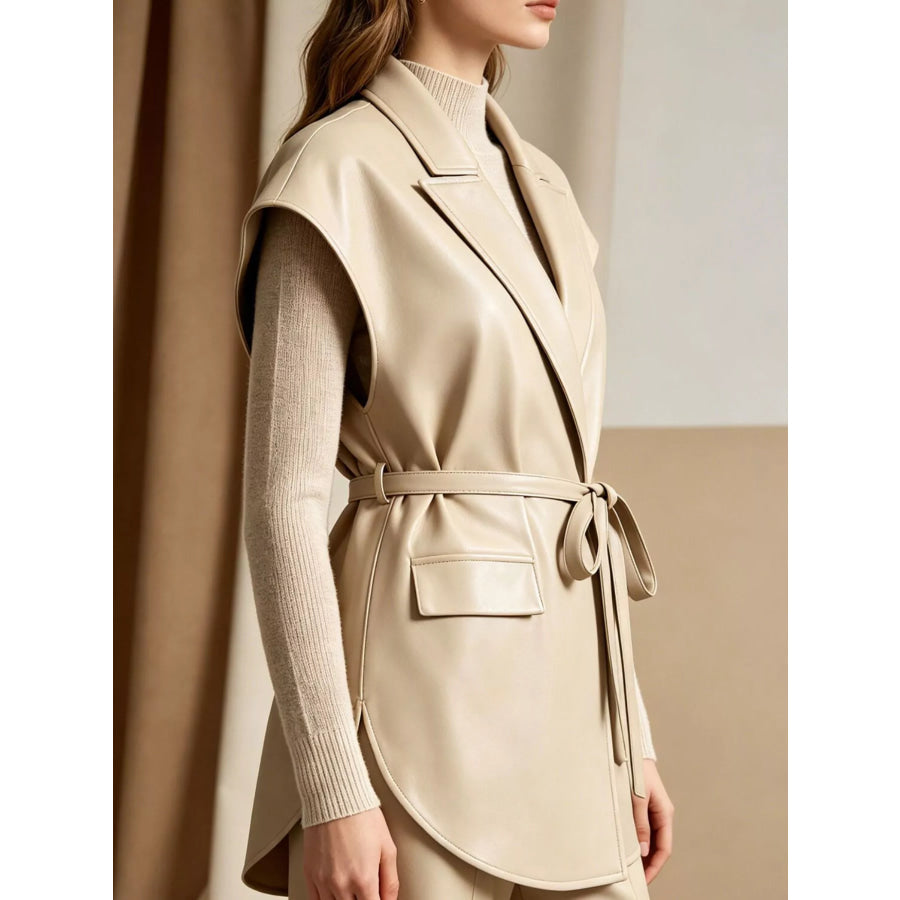 Sleek Faux Leather Belted Vest Coat Apparel and Accessories