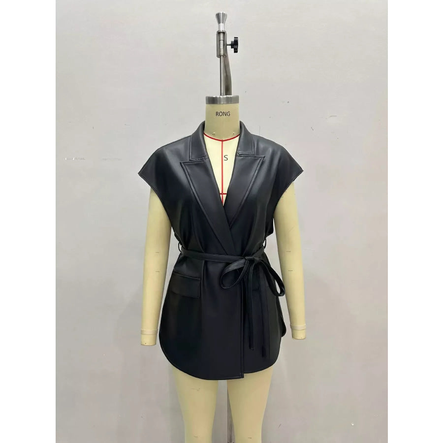 Sleek Faux Leather Belted Vest Coat Apparel and Accessories
