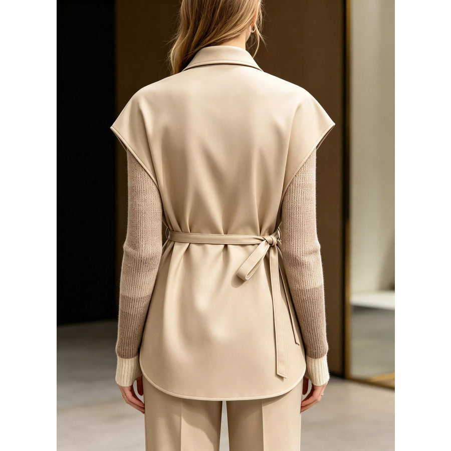 Sleek Faux Leather Belted Vest Coat Apparel and Accessories