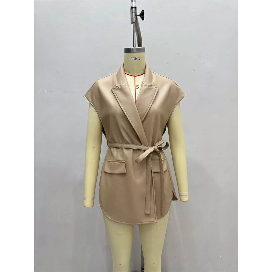 Sleek Faux Leather Belted Vest Coat Apparel and Accessories