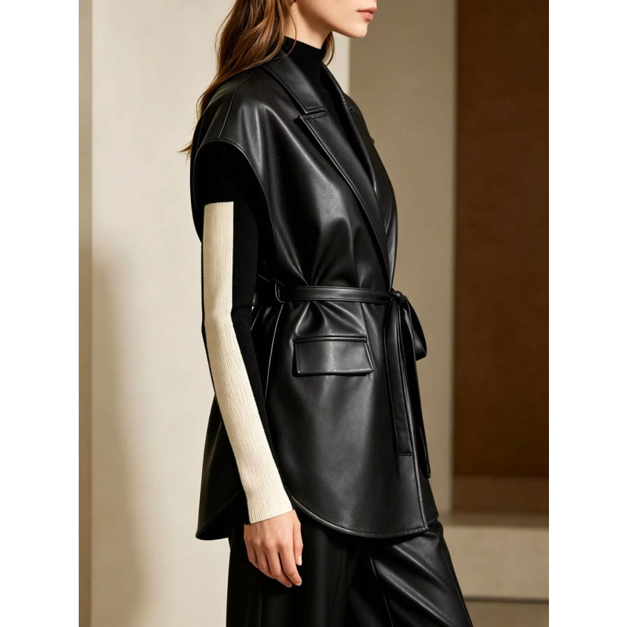 Sleek Faux Leather Belted Vest Coat Apparel and Accessories