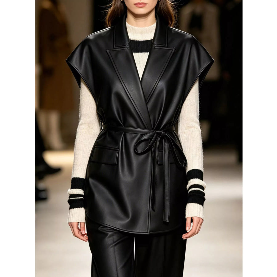 Sleek Faux Leather Belted Vest Coat Black / S Apparel and Accessories