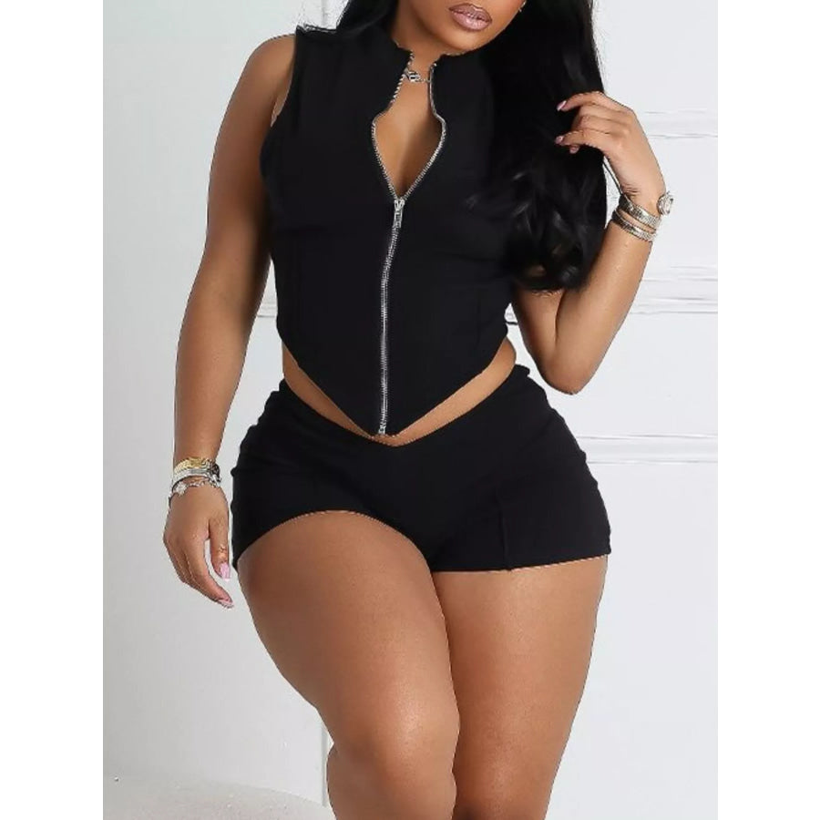 Sleek Zipper Front Sleeveless Crop Top and Shorts Set Black / S Apparel Accessories