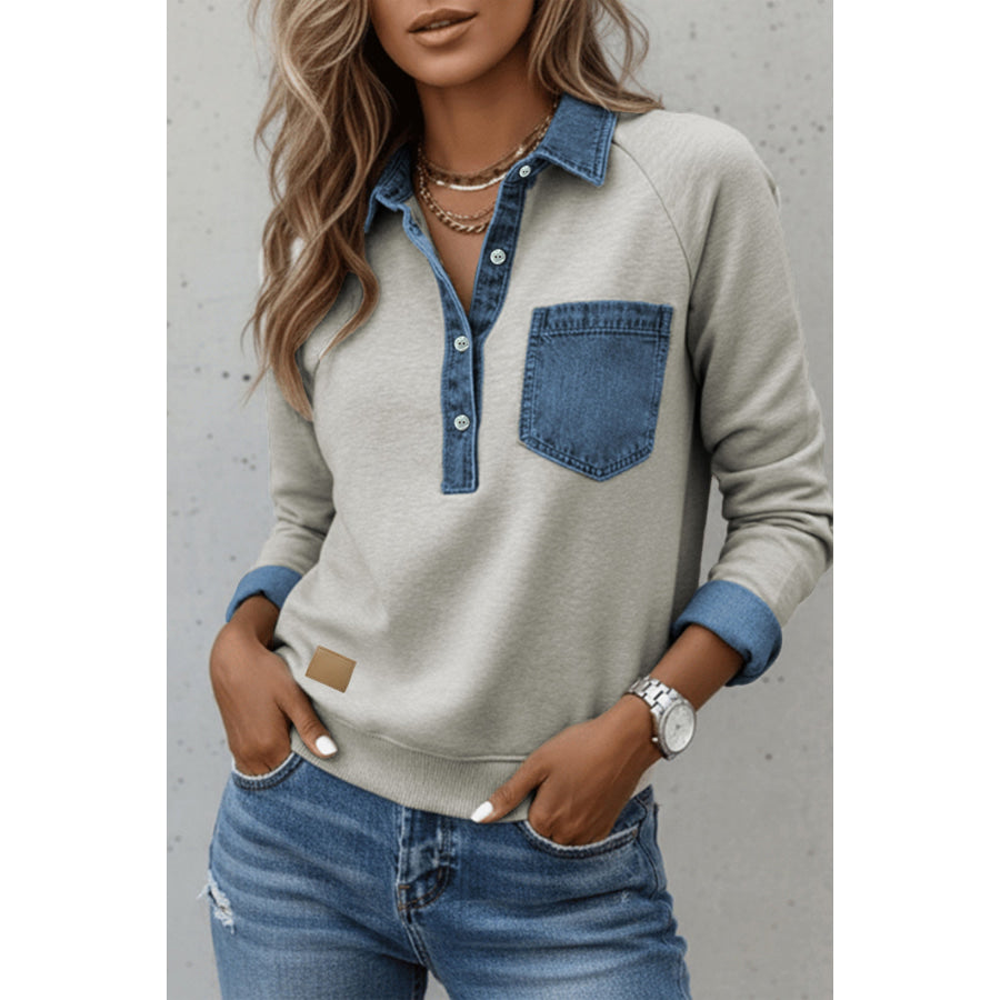 Sleet Denim Collar Patchwork Long Sleeve Pullover Top Tops/Long Sleeve Tops