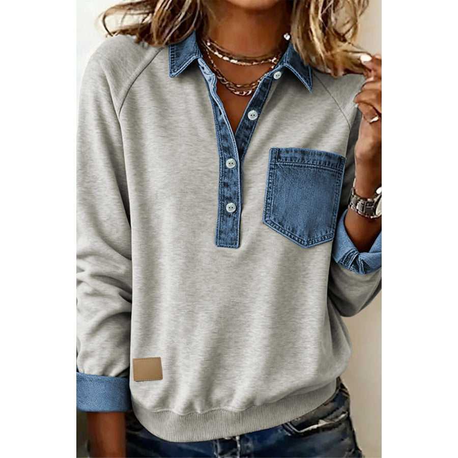 Sleet Denim Collar Patchwork Long Sleeve Pullover Top Tops/Long Sleeve Tops