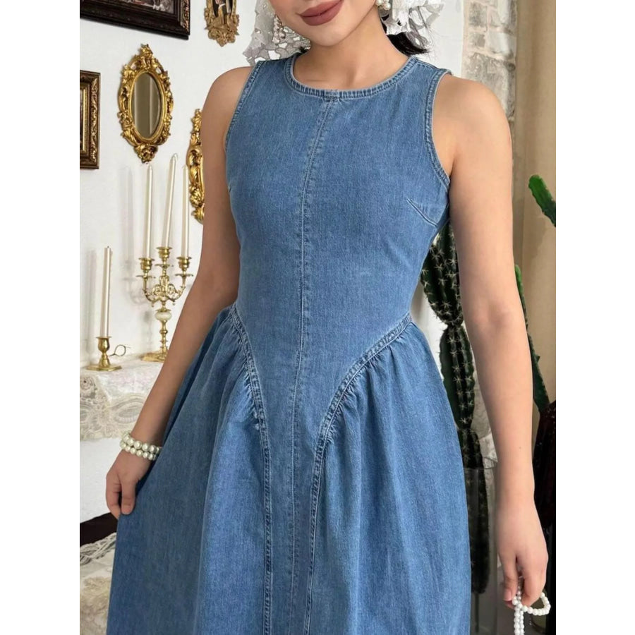 Sleeveless A-Line Denim Midi Dress Apparel and Accessories