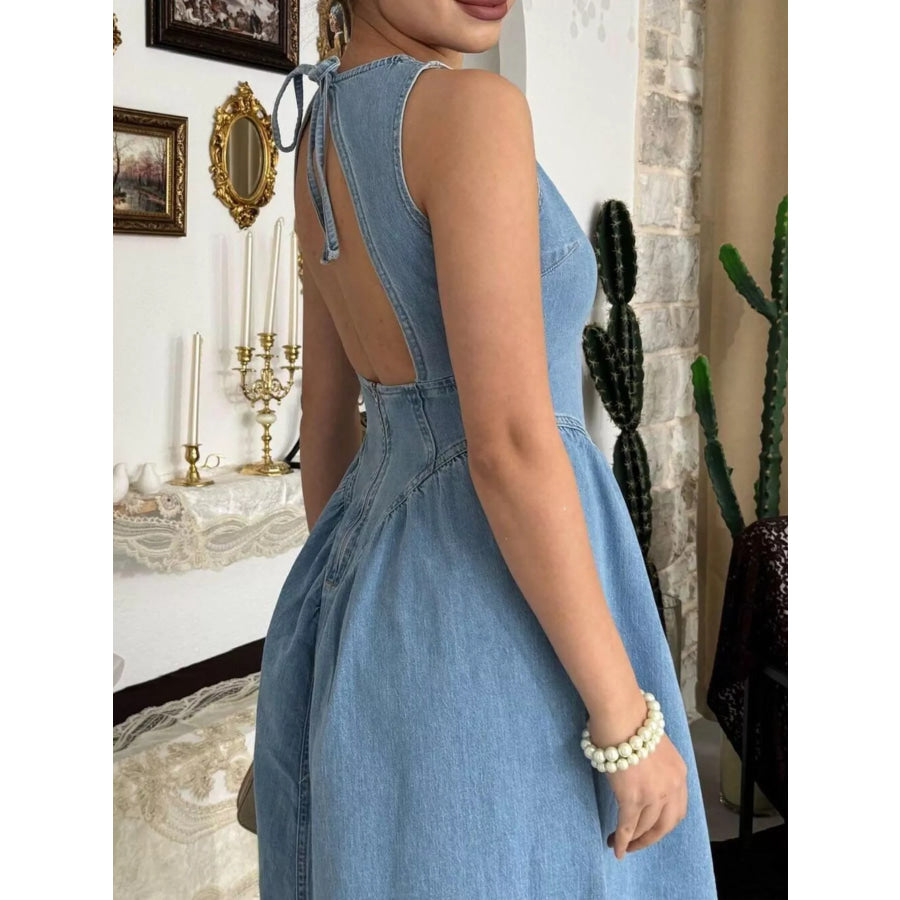 Sleeveless A-Line Denim Midi Dress Apparel and Accessories