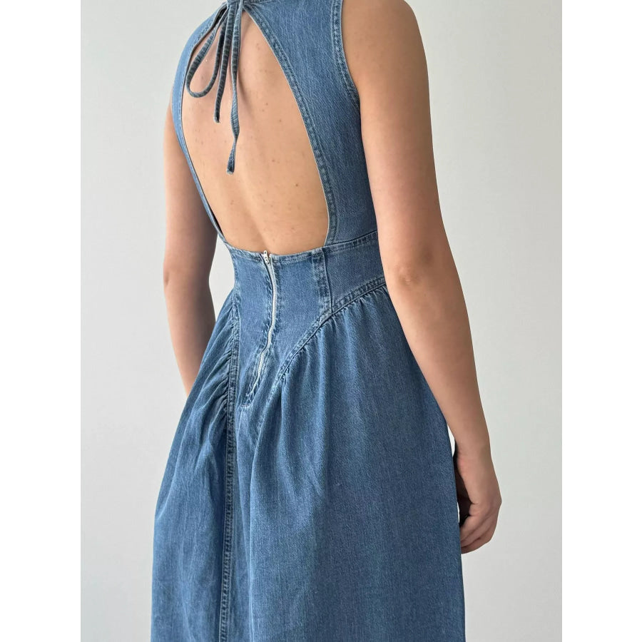 Sleeveless A-Line Denim Midi Dress Apparel and Accessories