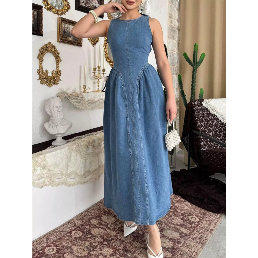 Sleeveless A-Line Denim Midi Dress Dark Blue / S Apparel and Accessories