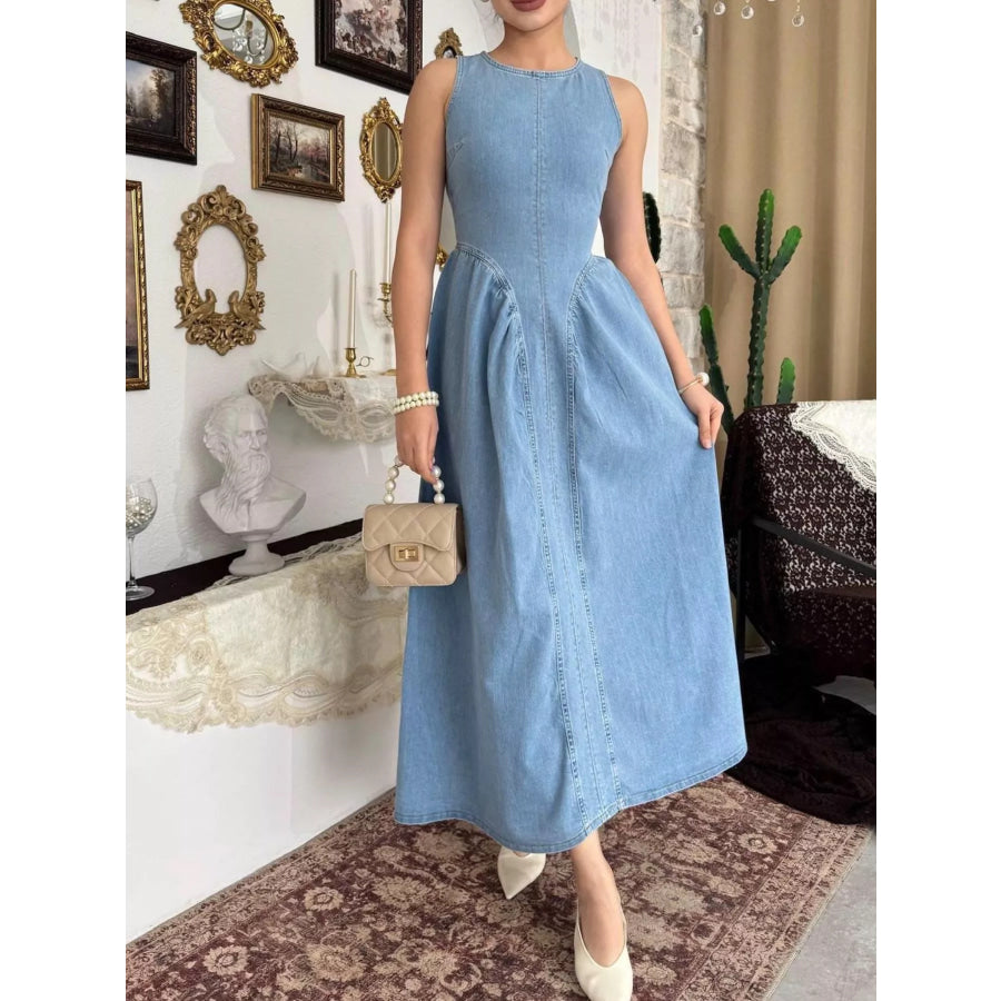 Sleeveless A-Line Denim Midi Dress Light Blue / S Apparel and Accessories