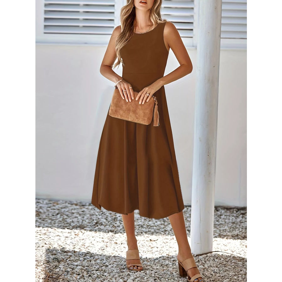 Sleeveless A-Line Midi Dress Brown / S Apparel and Accessories