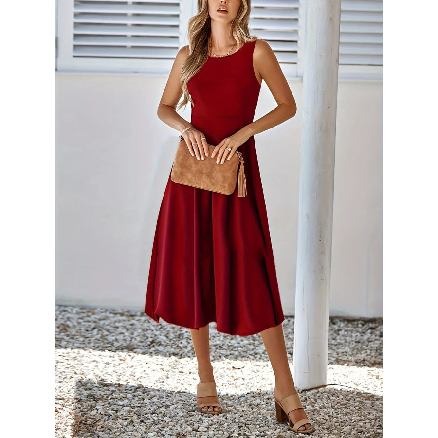 Sleeveless A-Line Midi Dress Burgundy / S Apparel and Accessories