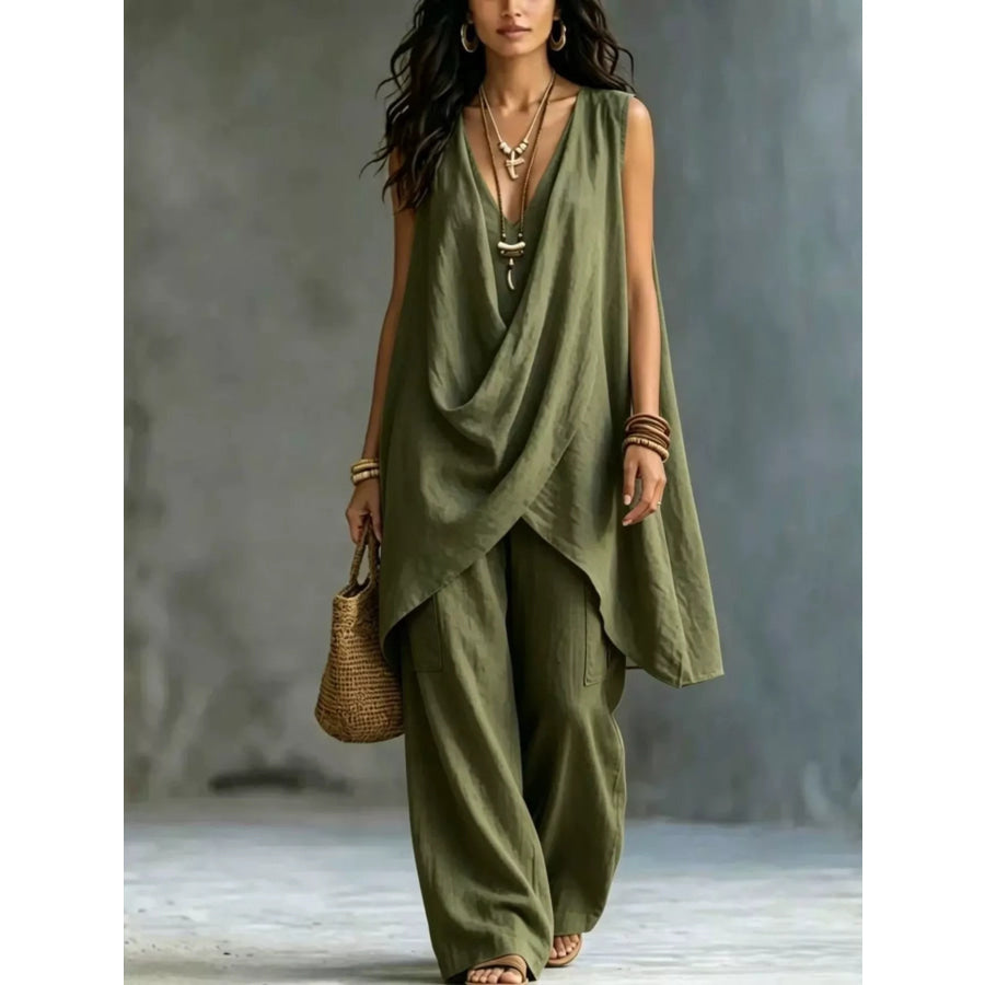 Sleeveless Asymmetrical Top and Wide-Leg Pants Set Army Green / S Apparel and Accessories