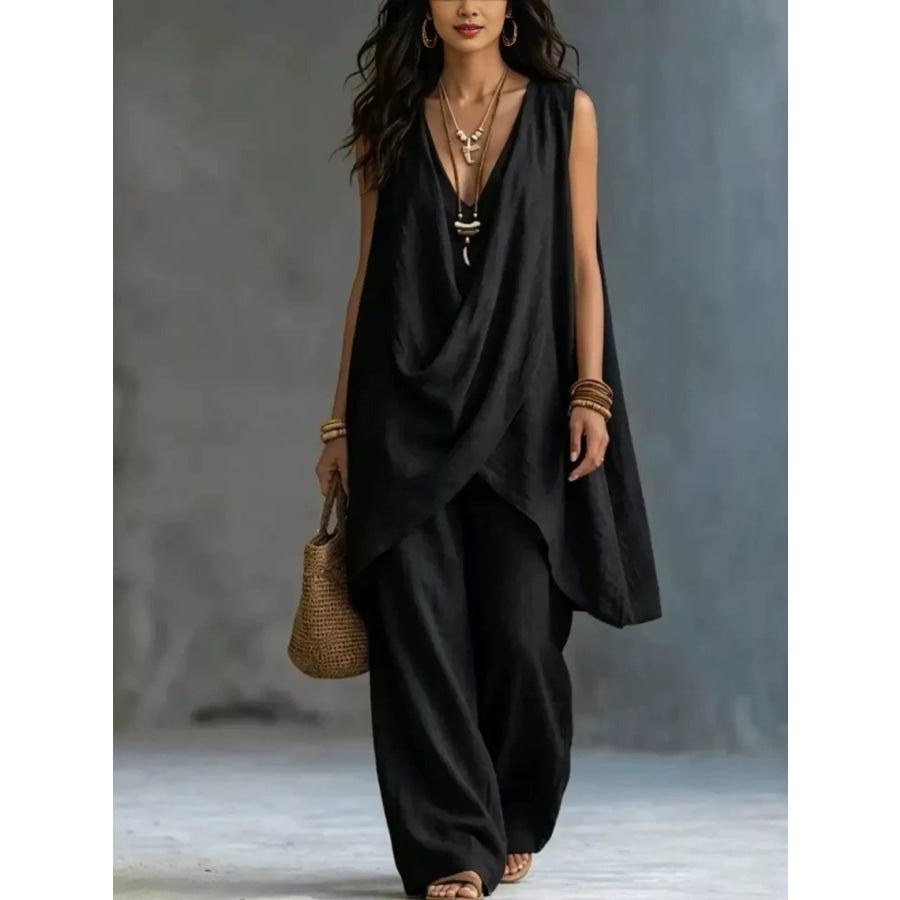 Sleeveless Asymmetrical Top and Wide-Leg Pants Set Black / S Apparel and Accessories