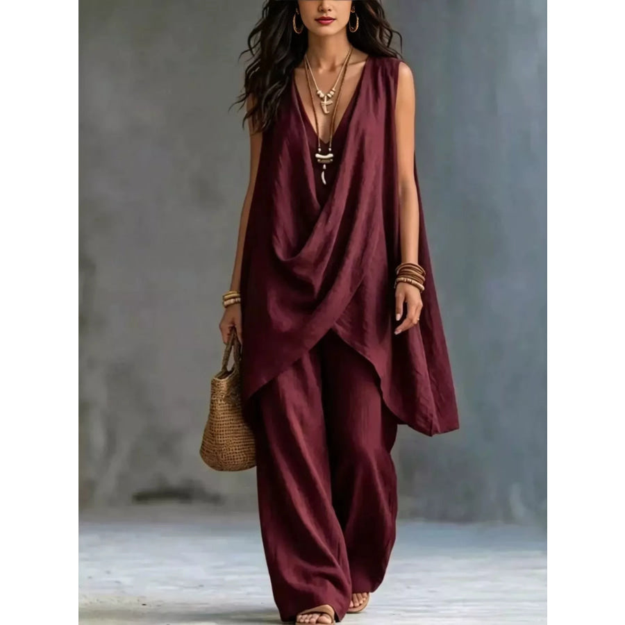 Sleeveless Asymmetrical Top and Wide-Leg Pants Set Burgundy / S Apparel and Accessories
