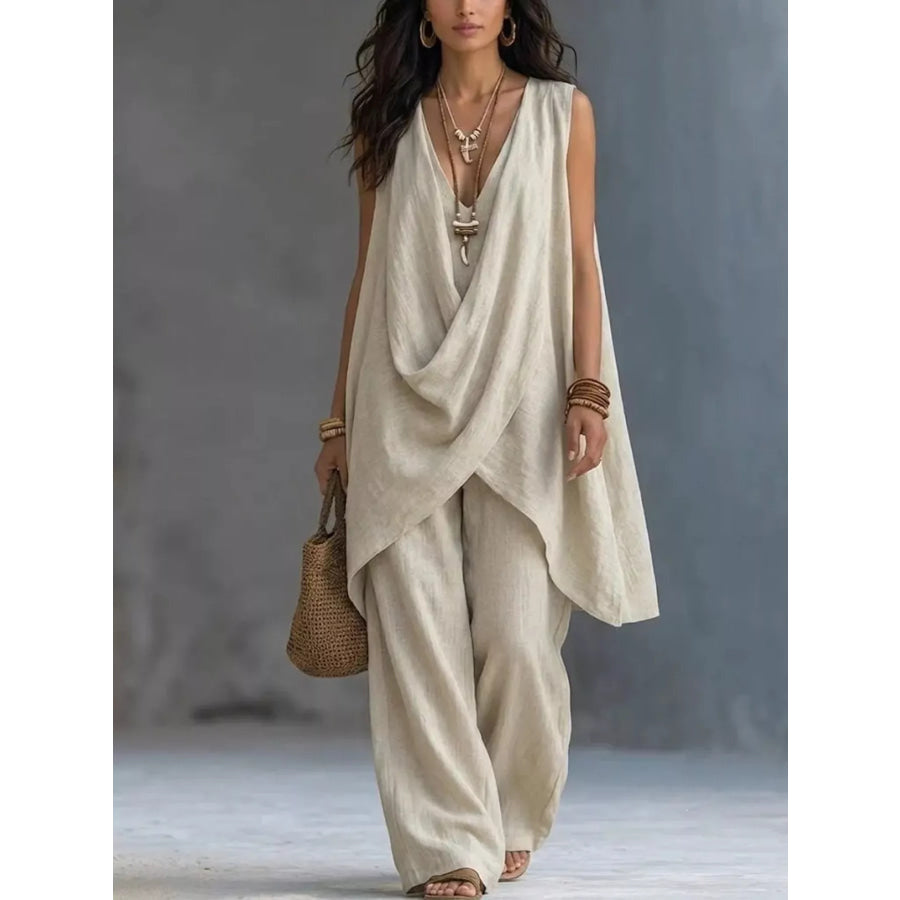 Sleeveless Asymmetrical Top and Wide-Leg Pants Set Off-white / S Apparel and Accessories