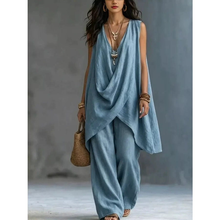 Sleeveless Asymmetrical Top and Wide-Leg Pants Set Sky Blue / S Apparel and Accessories