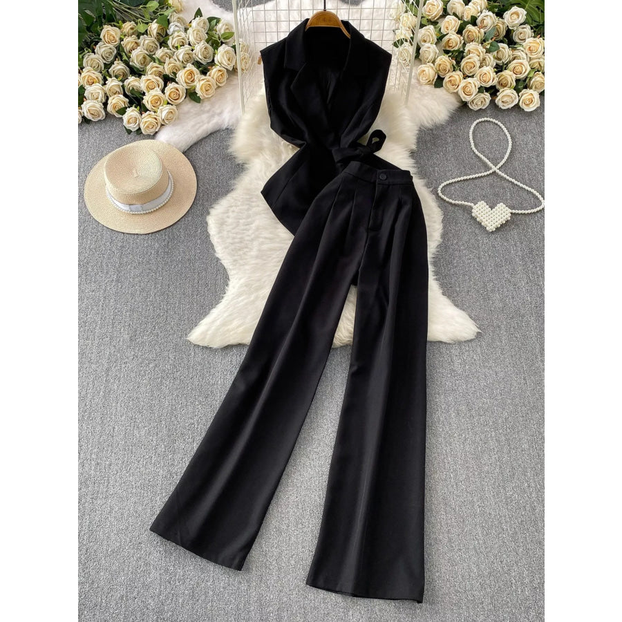 Sleeveless Blazer and Wide-Leg Pants Set Black / One Size Apparel and Accessories