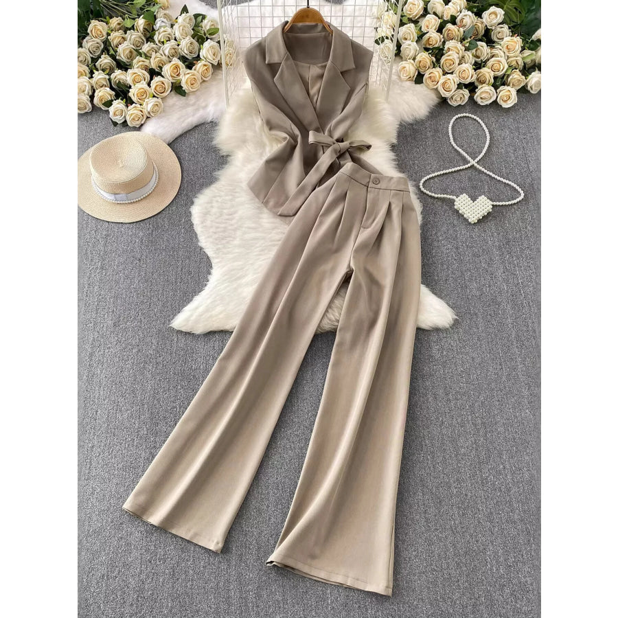 Sleeveless Blazer and Wide-Leg Pants Set Camel / One Size Apparel and Accessories