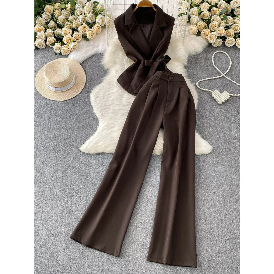 Sleeveless Blazer and Wide-Leg Pants Set Chocolate / One Size Apparel and Accessories