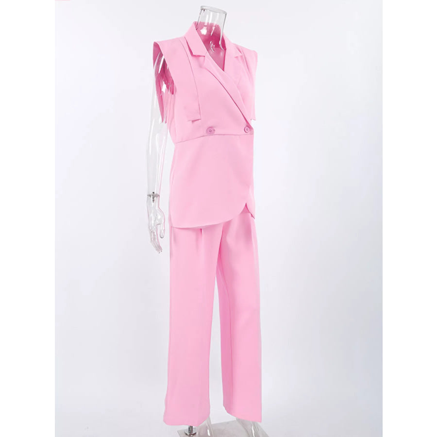 Sleeveless Blazer and Wide-Leg Pants Two-Piece Set Apparel and Accessories
