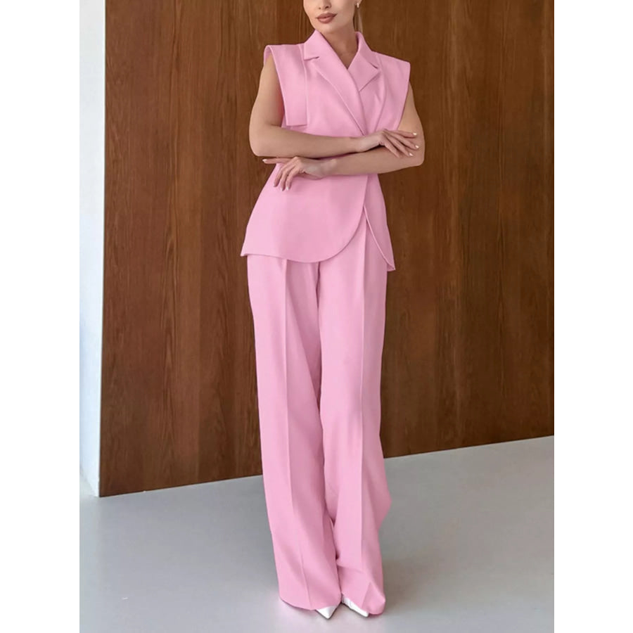 Sleeveless Blazer and Wide-Leg Pants Two-Piece Set Pink / S Apparel and Accessories