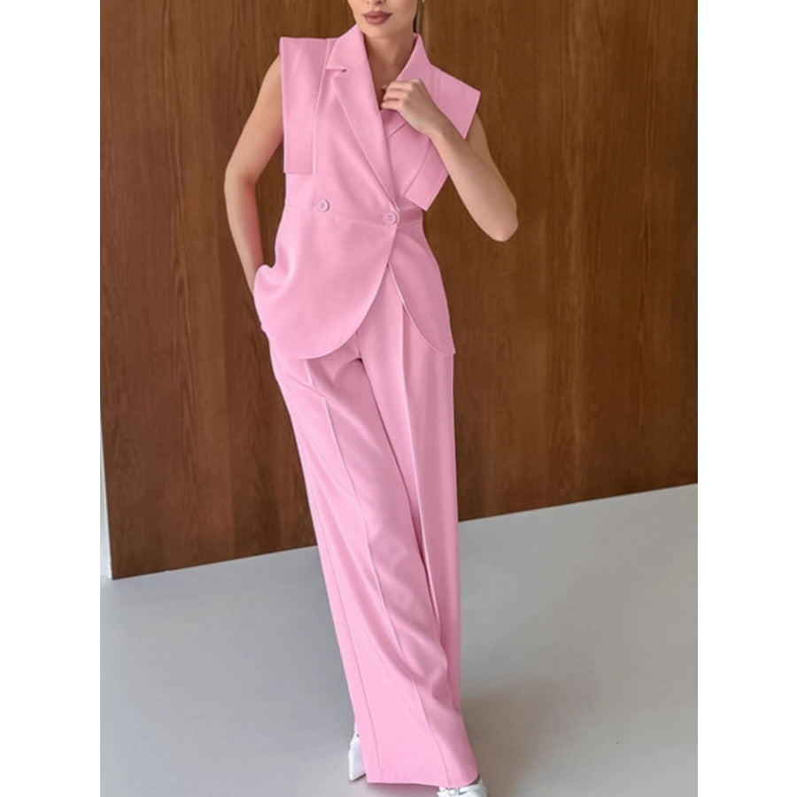 Sleeveless Blazer & Wide Leg Pants Set Pink / S Apparel and Accessories