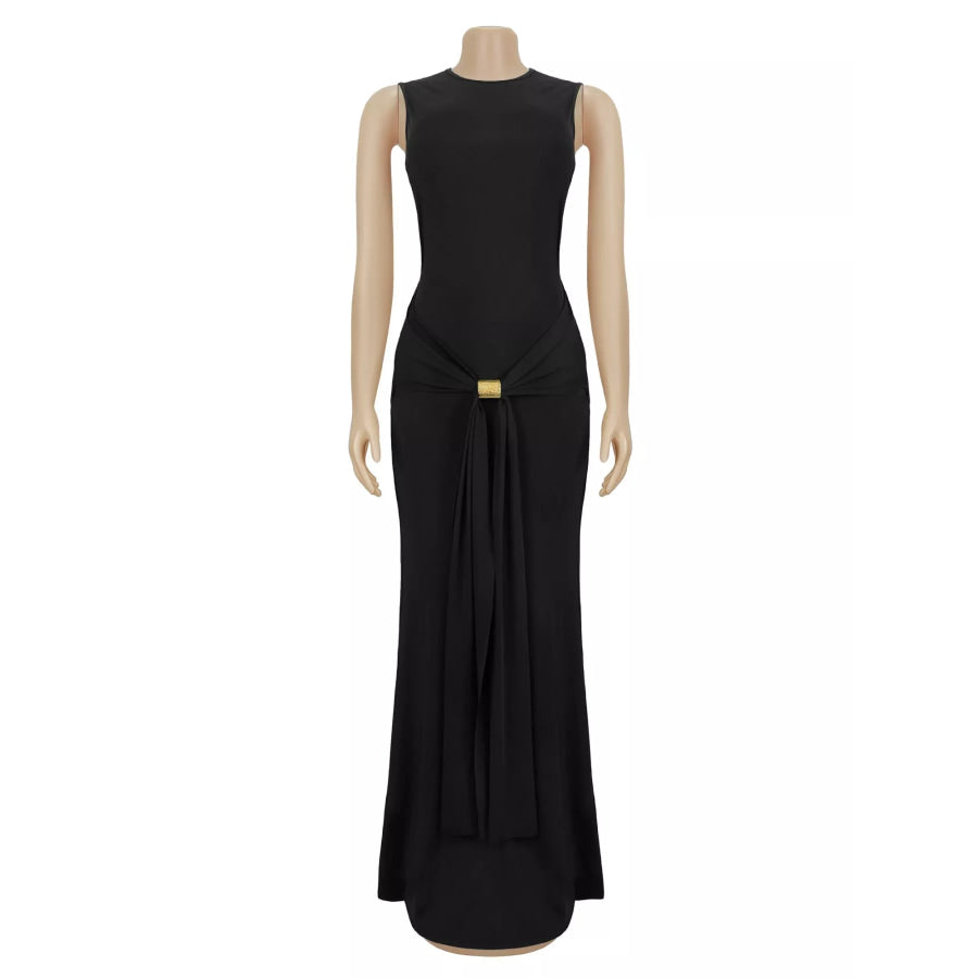 Sleeveless Bodycon Maxi Dress with Gold Buckle Detail Apparel and Accessories
