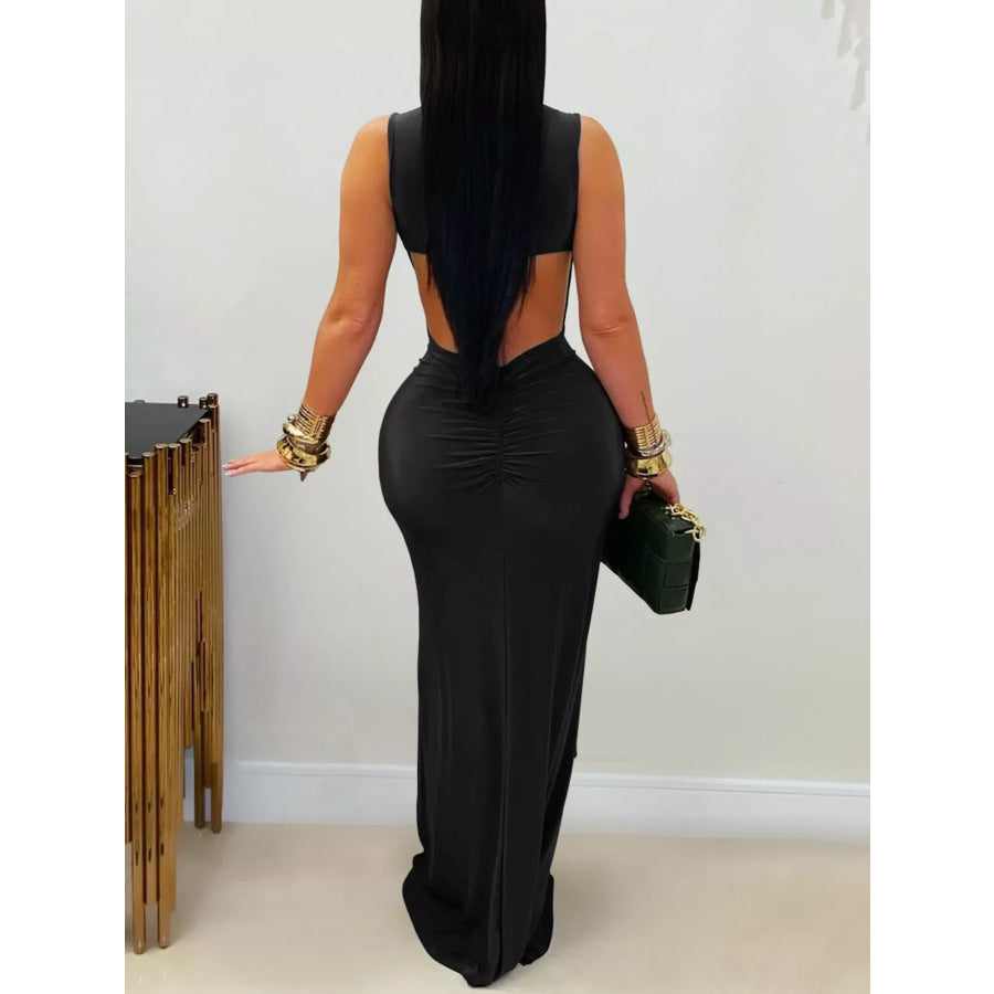 Sleeveless Bodycon Maxi Dress with Gold Buckle Detail Apparel and Accessories