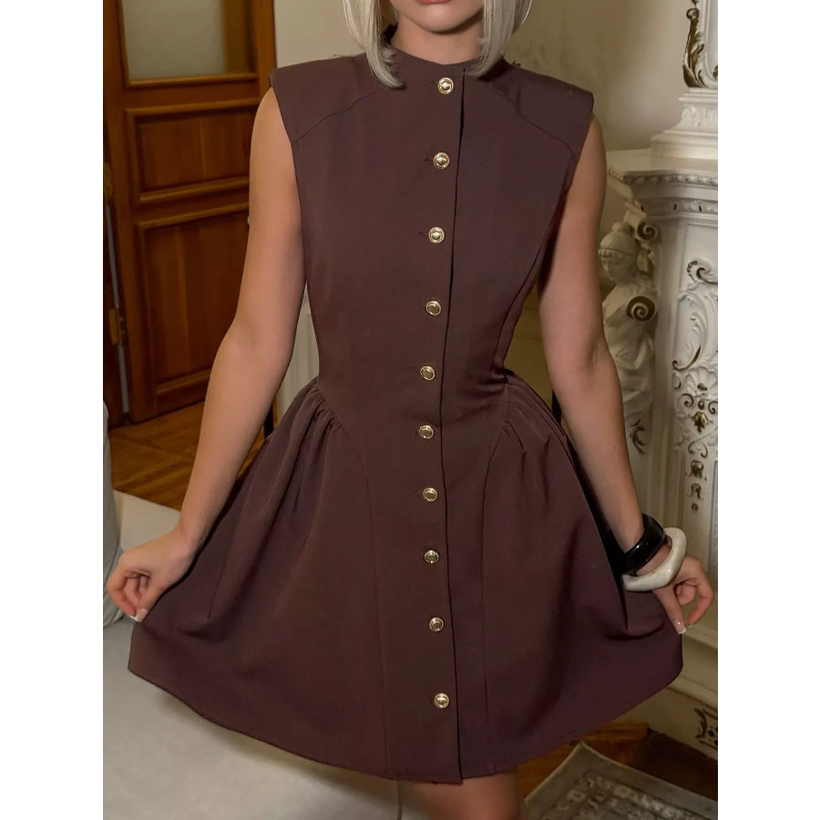 Sleeveless Button-Down A-Line Mini Dress Brown / S Apparel and Accessories