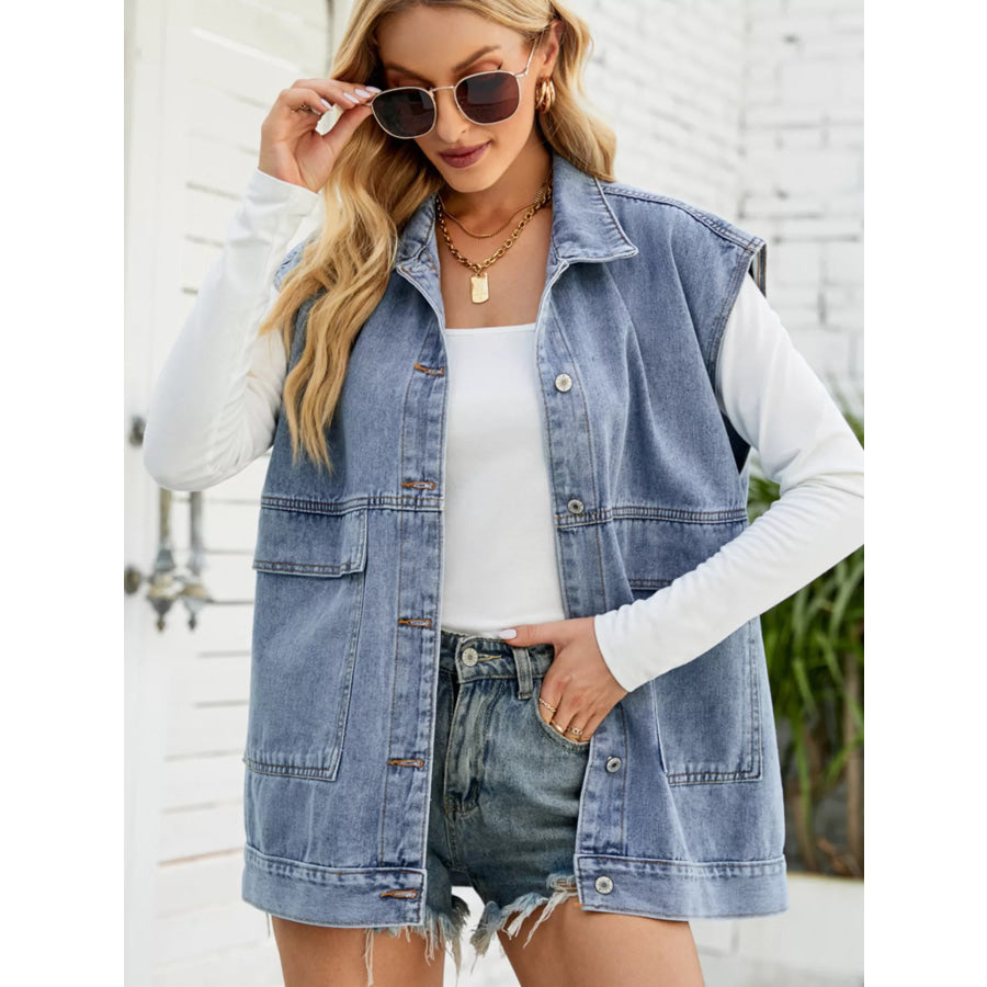 Sleeveless Button-Down Denim Jacket Apparel and Accessories