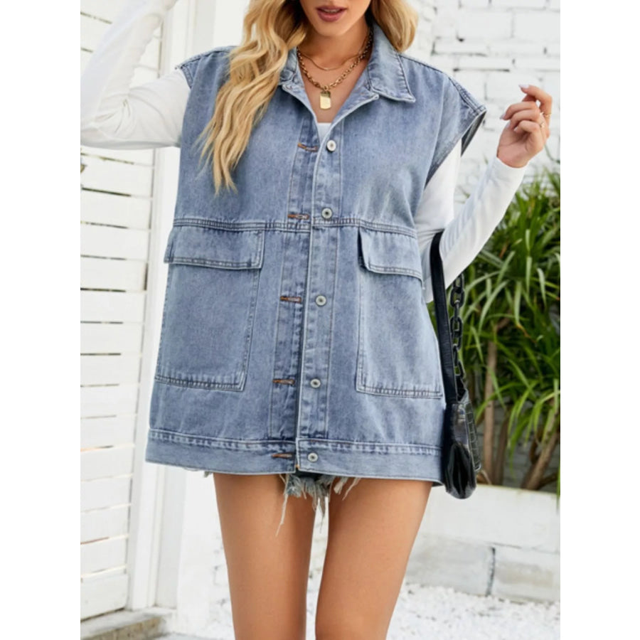 Sleeveless Button-Down Denim Jacket Apparel and Accessories
