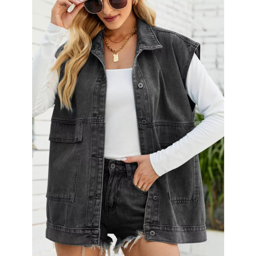Sleeveless Button-Down Denim Jacket Apparel and Accessories
