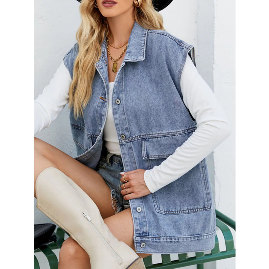 Sleeveless Button-Down Denim Jacket Apparel and Accessories