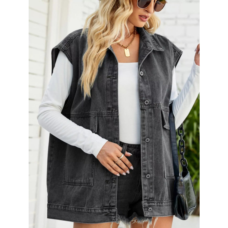 Sleeveless Button-Down Denim Jacket Apparel and Accessories