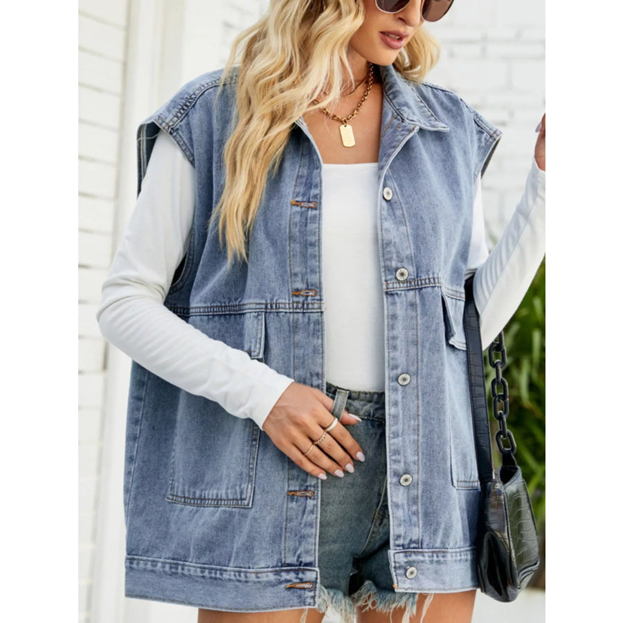 Sleeveless Button-Down Denim Jacket Apparel and Accessories
