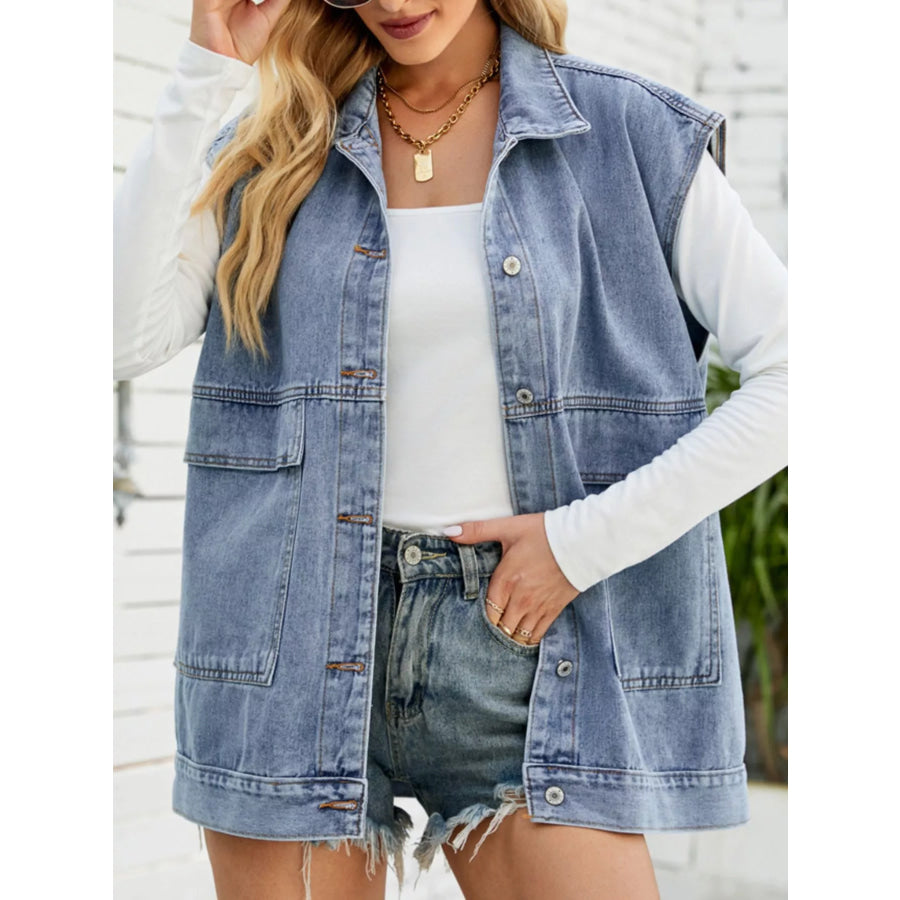 Sleeveless Button-Down Denim Jacket Light Blue / XS Apparel and Accessories