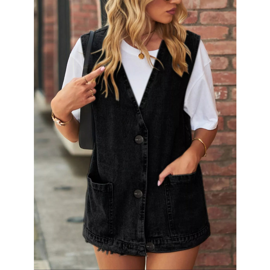 Sleeveless Button-Down Denim Jacket Vest Black / S Apparel and Accessories