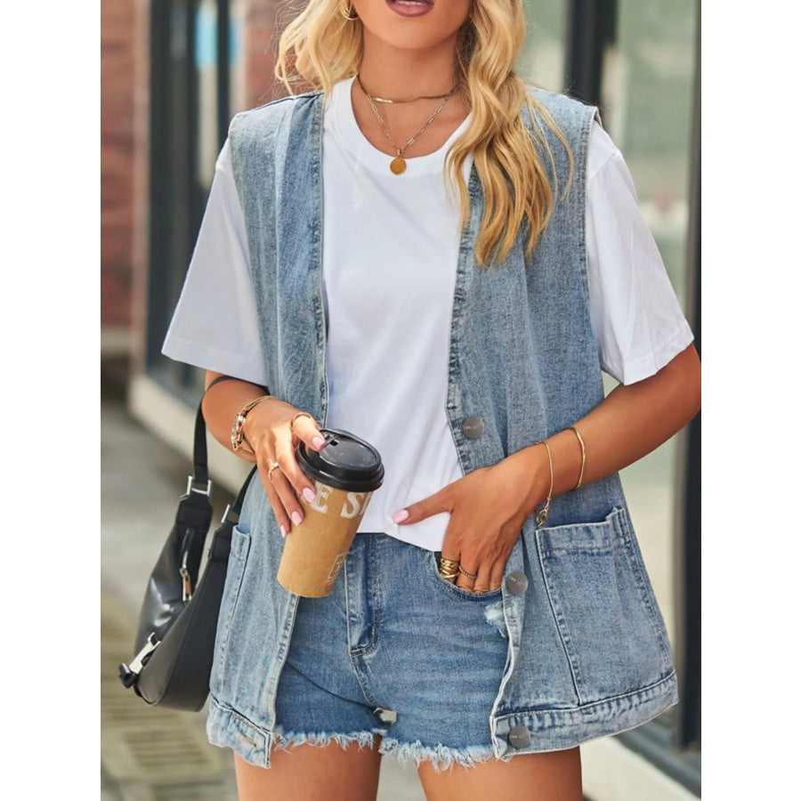 Sleeveless Button-Down Denim Jacket Vest Light Blue / S Apparel and Accessories