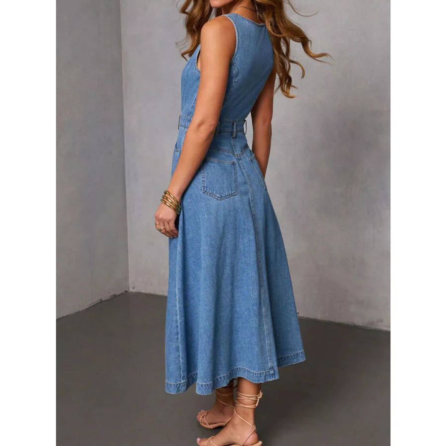 Sleeveless Button-Down Denim Midi Dress Blue / S Apparel and Accessories