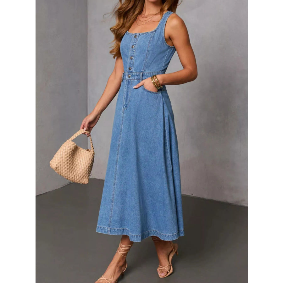 Sleeveless Button-Down Denim Midi Dress Apparel and Accessories